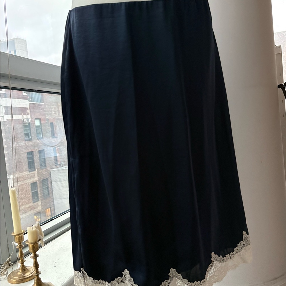 A&F Navy Midi Slip Skirt with Lace Hem